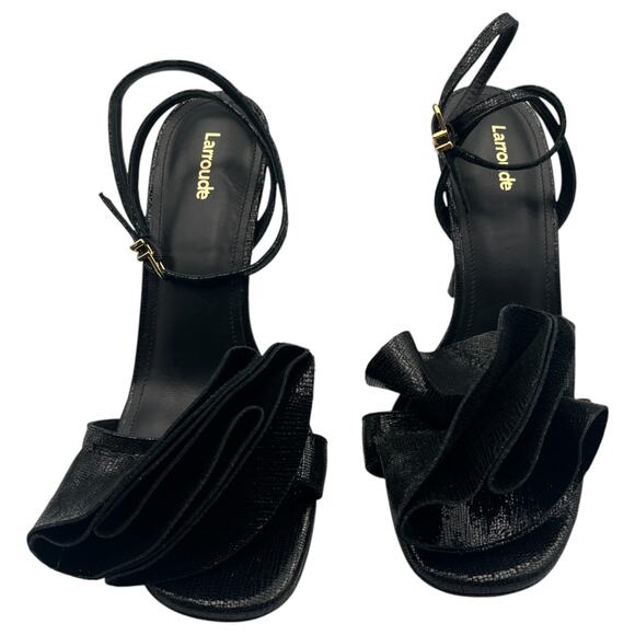 Larroude Shoes - Larroude Penelope Ruffle Cracked Metallic Leather Heeled Sandals Black 10